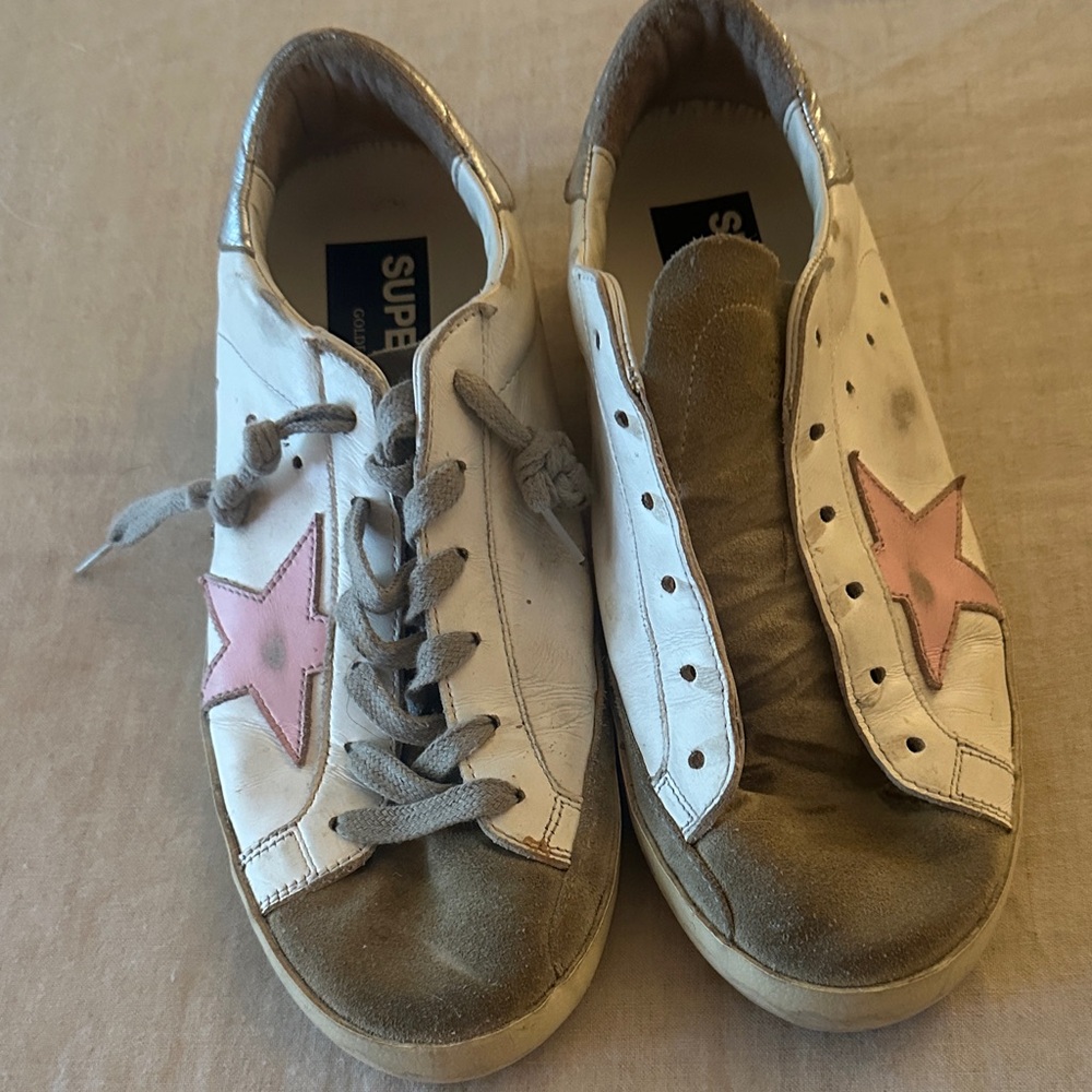 Golden Goose White and Pink Star Sneakers